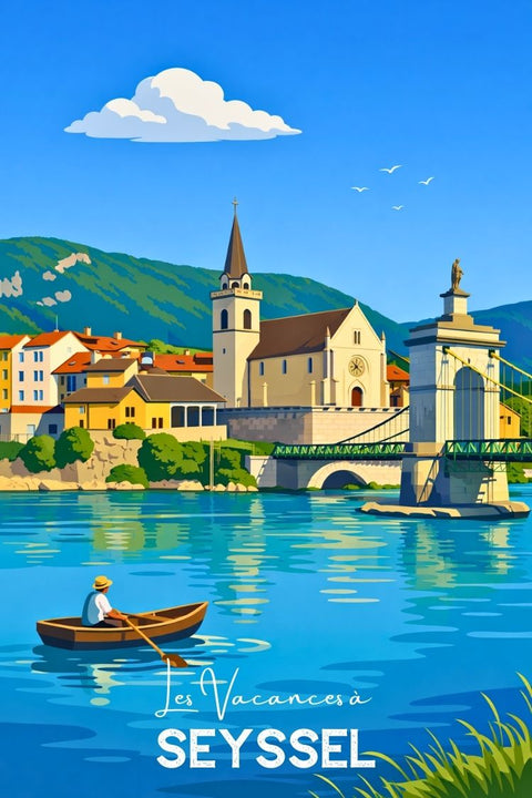 Seyssel, Rhône, affiche, illustrée, ciel bleu, produit, décoration, murale, impression, art.