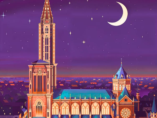 Affiche, Nuit, Nocturne, Cathédrale, Notre Dame, Strasbourg, Décoration, Art, Mural, France.