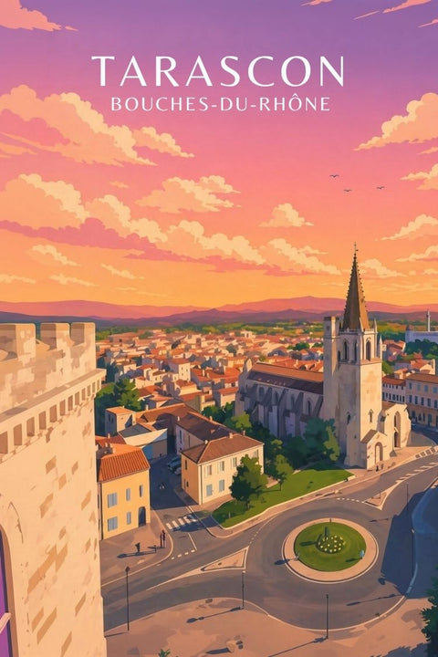 Affiche Tarascon - Coucher de soleil église château