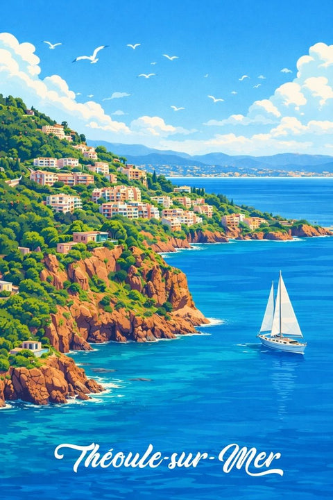 Vintage, Charm, Retro, Théoule-sur-Mer, Poster, Décor, Unearth, French Riviera, Wall Art, Travel.