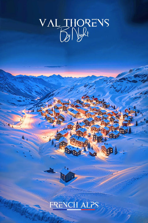 Poster, nuit, Val Thorens, décoration murale, skieurs, passionnés, montagne, paysage, neige, sport d'hiver.