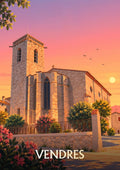 affiche, poster, Vendres, coucher de soleil, église, village, Occitanie, souvenir, décoration murale, idée cadeau