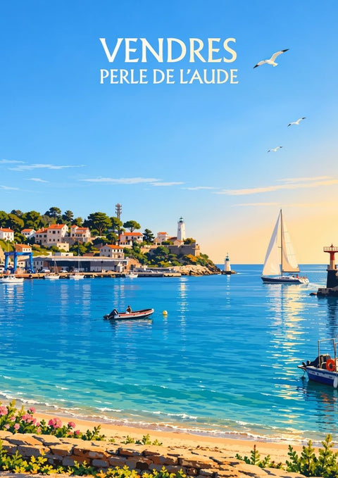 affiche, poster, Vendres, perle de l'Aude, rétro, vintage, port, mer, Occitanie, décoration murale