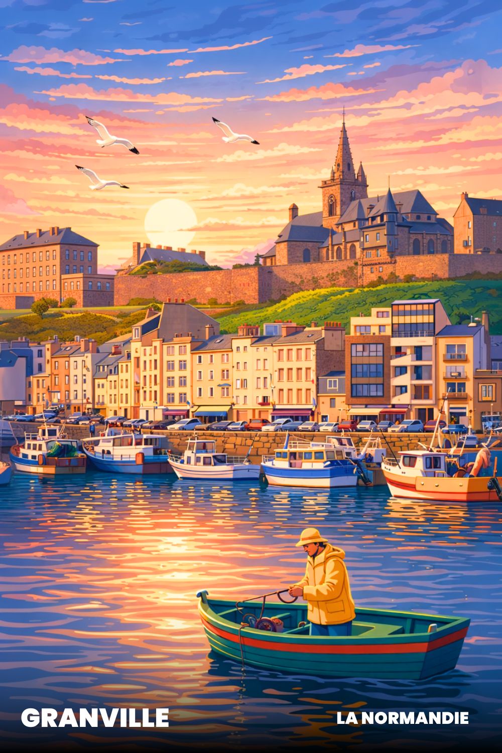 Poster Retro Vintage: Coucher de Soleil à Granville Vue du Ciel