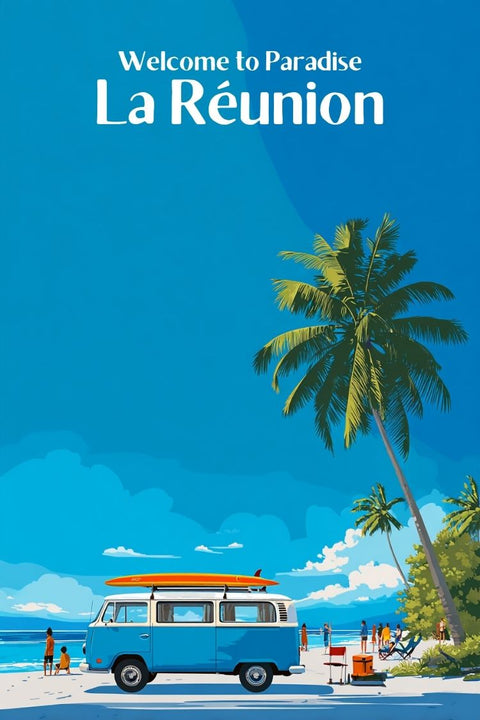 Paradise, La Réunion, Van Surf, Plage, Palmiers Bleus, Affiche, Décoration, Tropical, Vacances, Exotique.