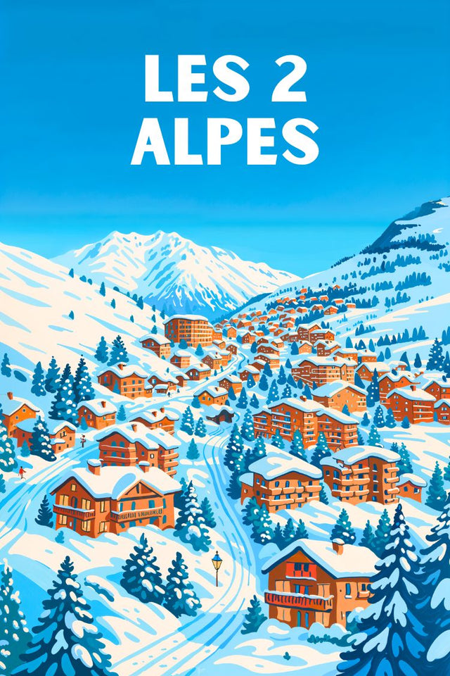 Affiche Les 2 Alpes déco rétro montagne