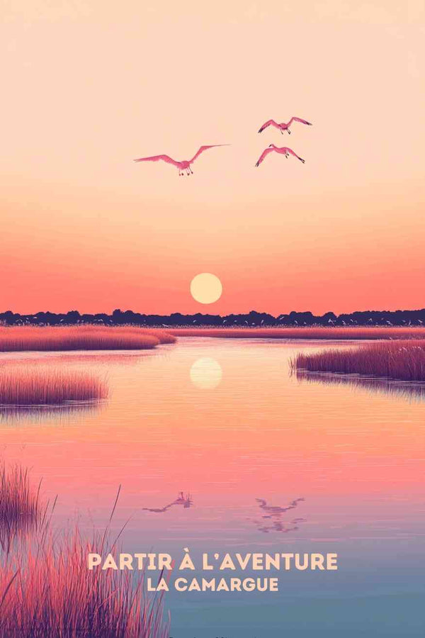 Affiche La Camargue - Flamants Roses Retro Vintage