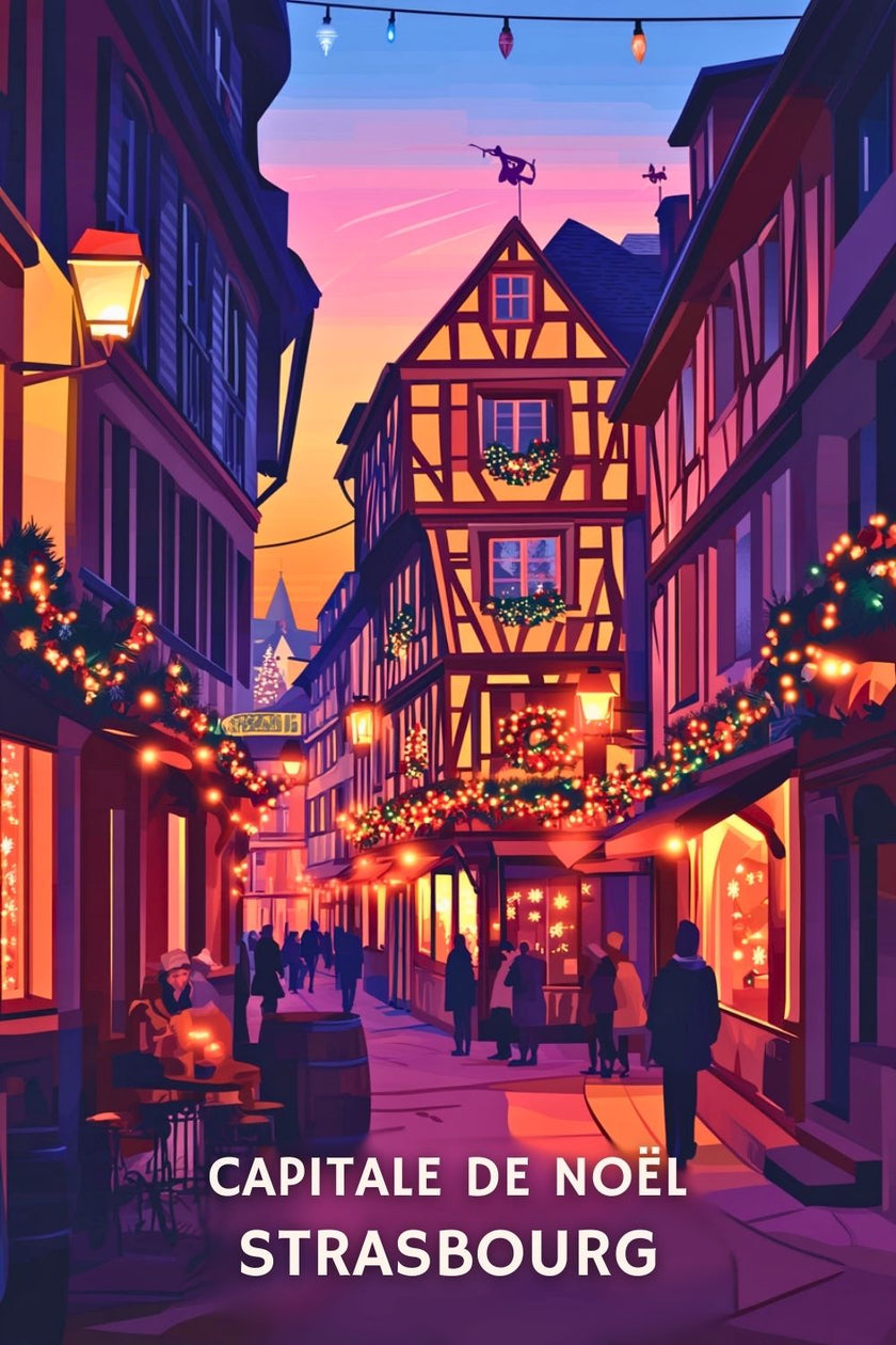Affiche Strasbourg Ambiance Noël rétro – décoration de Noël vintage chic
