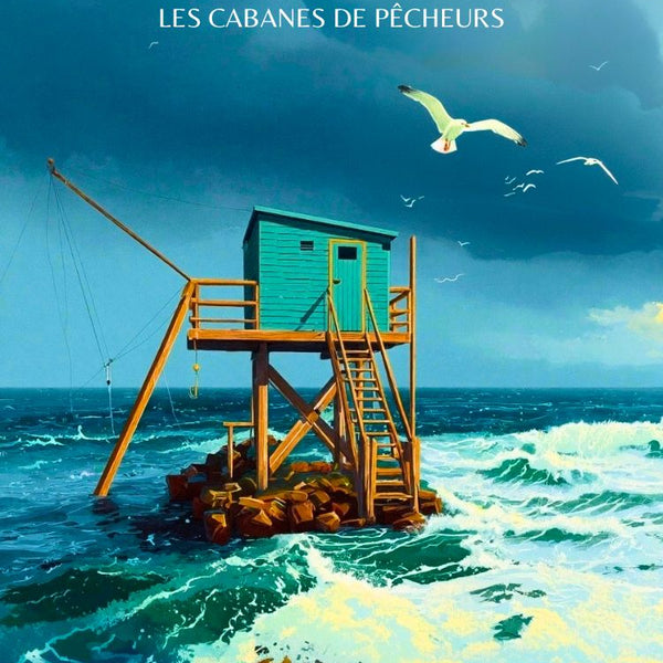 Affiche Gironde cabanes de pêcheurs, poster mer illustration, vague mouette décoration.