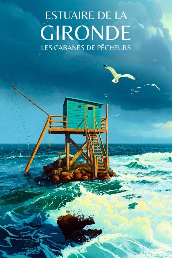 Affiche Gironde cabanes de pêcheurs, poster mer illustration, vague mouette décoration.