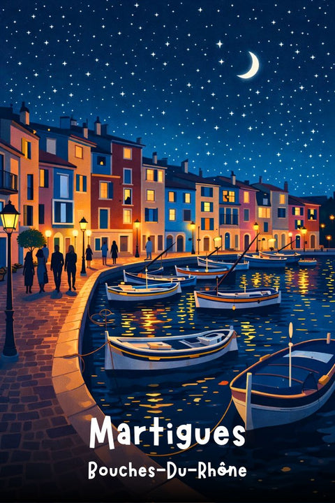 Martigues, Nuit, Affiche, Poster, Graphisme, Unique, Illustration, Design, Art Mural, Décoration.