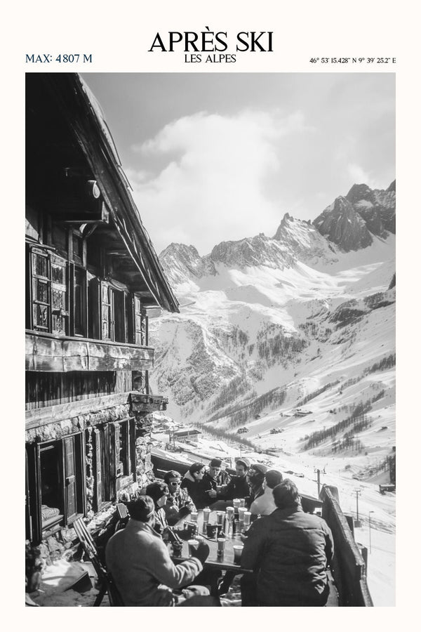 Poster après-ski noir et blanc copains Alpes
