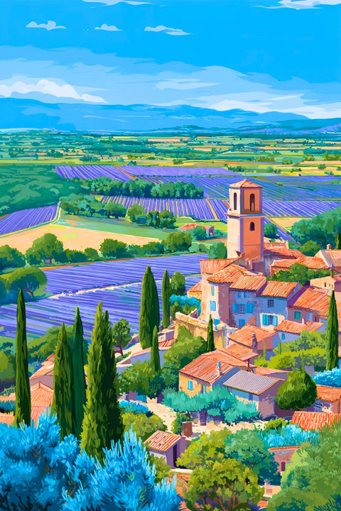 Provence, affiche, paysage, sud, village, lavandes, poster, décoration, France, campagne