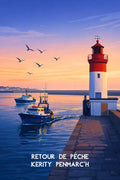 Poster, Phare Rouge, Retour de Pêche, Kerity Penmarc'h, Style, Néo Vintage, Décoration, Murale, Art, Impression.