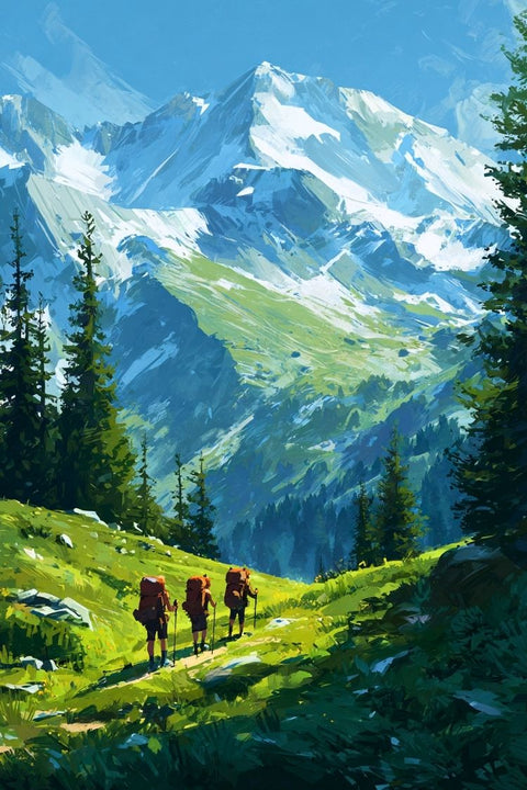 Affiche, colorée, été, montagne, randonnées, découverte, nature, outdoor, aventure, paysage.