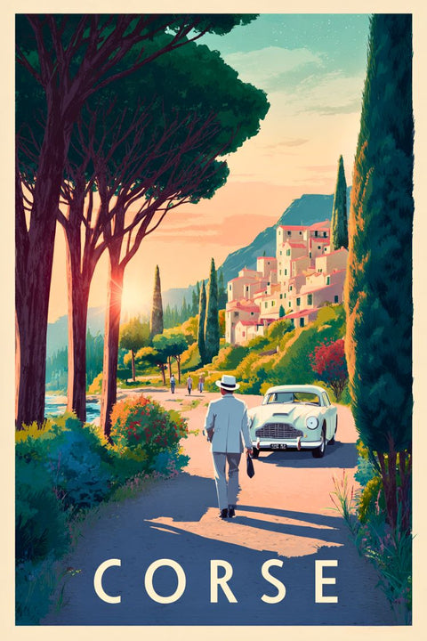 Affiche Corse rétro vintage - Vacances en voiture