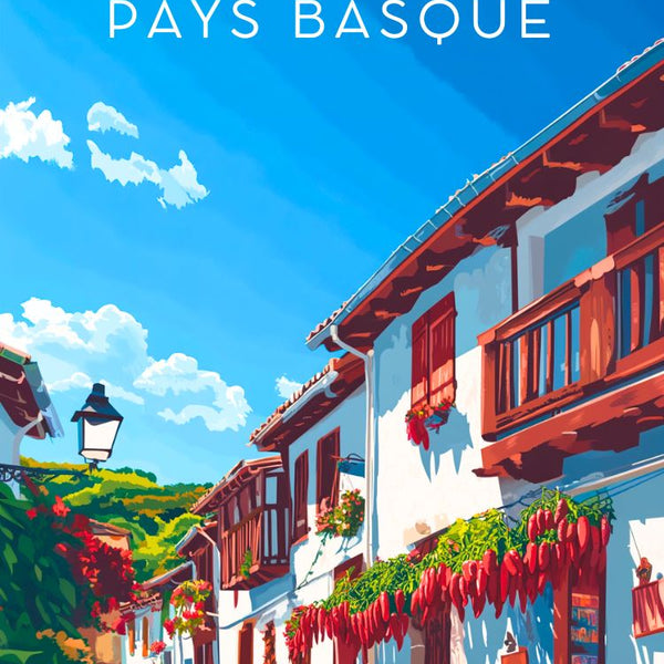 Affiche vintage Pays Basque, maison typique, piment rouge, tradition.