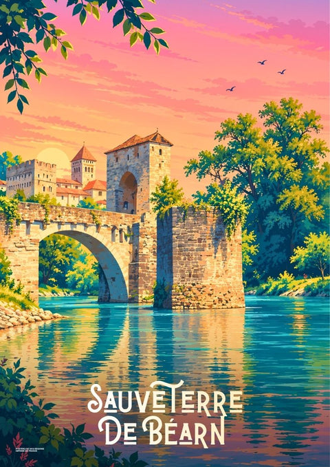affiche, Sauveterre-de-Béarn, rétro, vintage, à offrir, Béarn, village, souvenir, idée cadeau, décoration murale