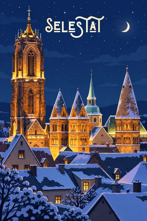 Affiche Selestat - Cathédrale vue nocturne