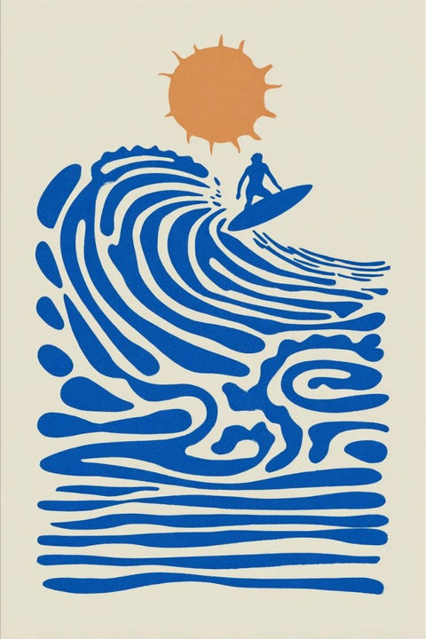 Affiche, Surf, Stylisée, Déco, Ado, Cool, Mélange, Bleu, Jaune, Beige