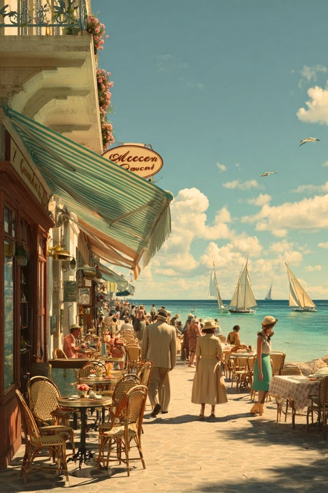 Affiche Côte d'Azur bord de mer - Rétro vintage, style touristique, café.