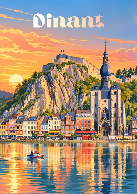 affiche, Dinant, rétro, vintage, coucher de soleil, Meuse, Wallonie, Belgique, décoration murale, souvenir