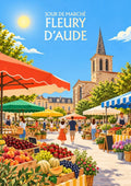 affiche, déco, jour de marché, Fleury d'Aude, graphisme, coloré, marché, Aude, Occitanie, décoration murale