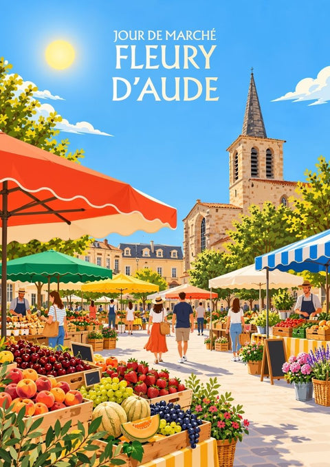 affiche, déco, jour de marché, Fleury d'Aude, graphisme, coloré, marché, Aude, Occitanie, décoration murale