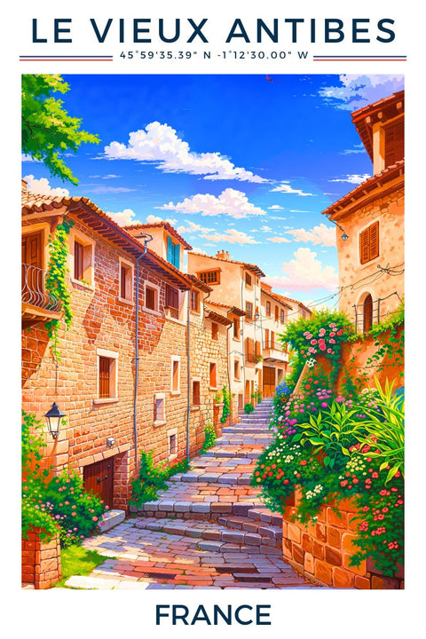 Affiche déco Vieux Antibes, poster ruelle, décoration méditerranéenne, maison salon, Côte d'Azur, cadeau souvenir