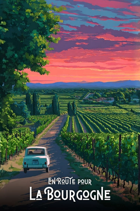 Affiche Bourgogne coucher de soleil paysage aquarelle