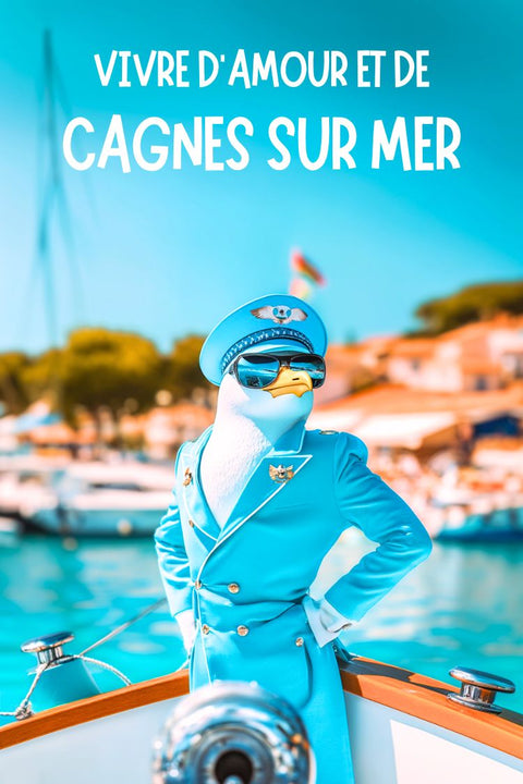 Affiche Cagnes-sur-Mer humour, poster méditerranéen, déco Côte d'Azur, mouette, cadeau original, décoration humoristique