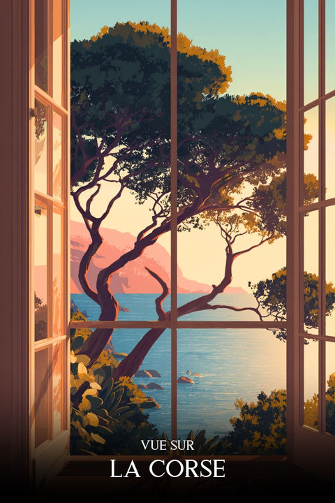 Corse, illustration, vector, affiche, découvrez, plat, design, voyage, tourisme, paysage.