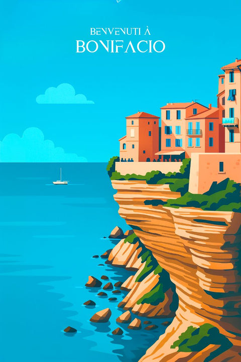 Bonifacio, poster, design rétro, graphisme unique, décoration murale, illustration, vintage, corse, impression artistique, style minimaliste.