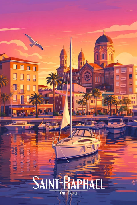 Affiche, Illustrée, Coucher de Soleil, Saint Raphael, Décoration, Murale, Art, Design, Paysage, Imprimé.