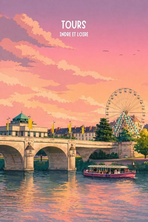 Affiche Tours - Rétro vintage sunset quai fleuve grande roue
