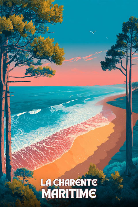 Charente-Maritime, Grande Plage, tableau, design coloré, affiche, décoration, murale, paysage côtier, art, impression.