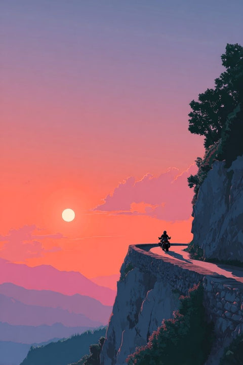 Affiche, minimaliste, grand format, moto, montagne, coucher de soleil, décor, mural, design, art.