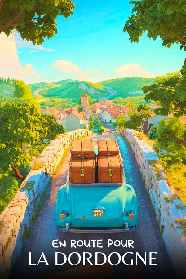 Affiche, Illustrée, 'En route pour la Dordogne', SalonEcris, Art, Décoration, Murale, Voyage, France, Impression.