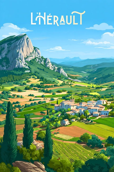 Affiche Hérault Paysage village nature calme