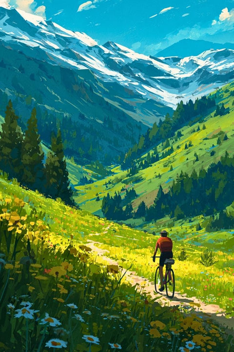 affiche, vélo, montagne, parcours, Alpes, aquarelle, art, déco, cyclisme, paysage.