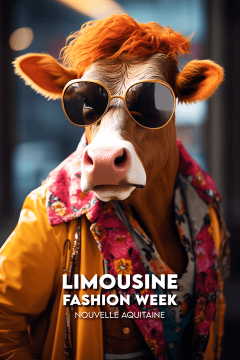 Une vache portant des lunettes de soleil et une tenue colorée prend une pose élégante avec le texte « Limousine Fashion Week, Nouvelle Aquitaine » en dessous, incarnant le flair français dans un cadre urbain lumineux inspiré des affiches régionales.