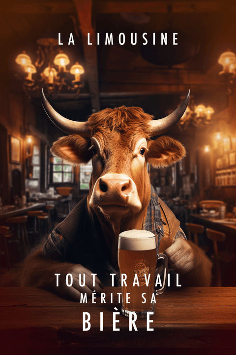 Une vache en veste est assise à une table en bois dans un pub chaleureux, tenant une chope de bière, sous un éclairage chaleureux et un décor rustique. Laffiche fantaisiste « Tout travail mérite sa bière - Limousine » présente un texte français au-dessus et au-dessous de la vache, ajoutant du charme à la scène.