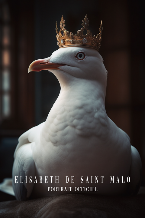 Laffiche Reine Saint Malo met en scène une mouette royale avec une couronne dorée, accompagnée du texte Elisabeth de Saint Malo, portrait officiel, ce qui en fait une élégante affiche décorative pour tout cadre noble.