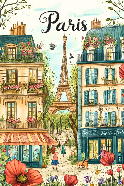 Affiche Appartement Parisien avec Tour Eiffel et Fleurs