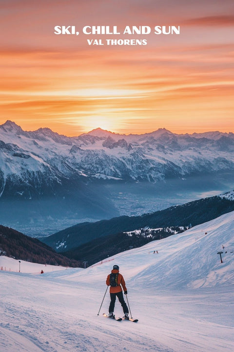affiche, poster, Val Thorens, ski, coucher de soleil, montagne, paysage, neige, Alpes, déco murale