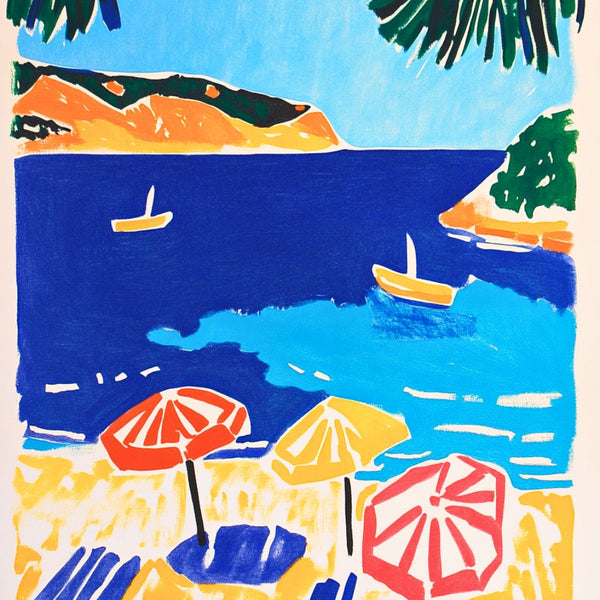 aesthetic tendance minimaliste peinture plage palmier bleu bord de mer Affiche Poster Vintage Retro Deco Mural