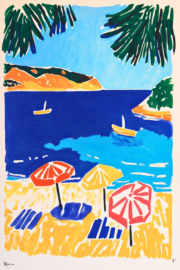 aesthetic tendance minimaliste peinture plage palmier bleu bord de mer Affiche Poster Vintage Retro Deco Mural