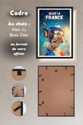 Affiche Allez la France chien supporter avec cadre noir ou bois clair au format de l'affiche