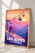 Affiche Alpes - Coucher de soleil ski Montagne