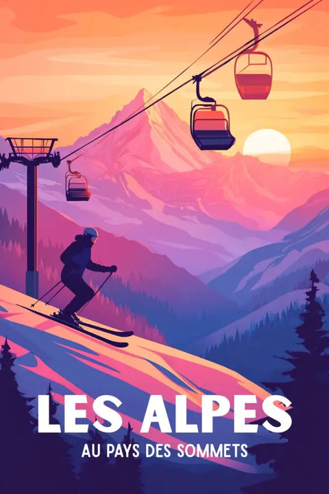 Captivantes, Affiches, Coucher de Soleil, Ski, Alpes, Montagne, Décoration, Murale, Photographie, Paysage.
